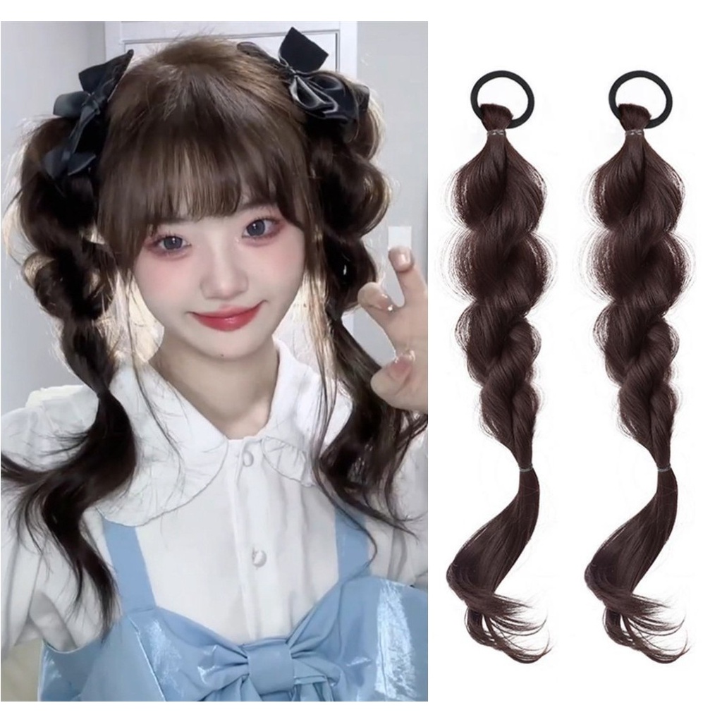 2pcs Korea Y2K Bubble Fluffy Twist Kepang Ponytail Wig Untuk Wanita Elfin Gadis Aksesoris Rambut Ekor Kuda Ekstensi Rambut