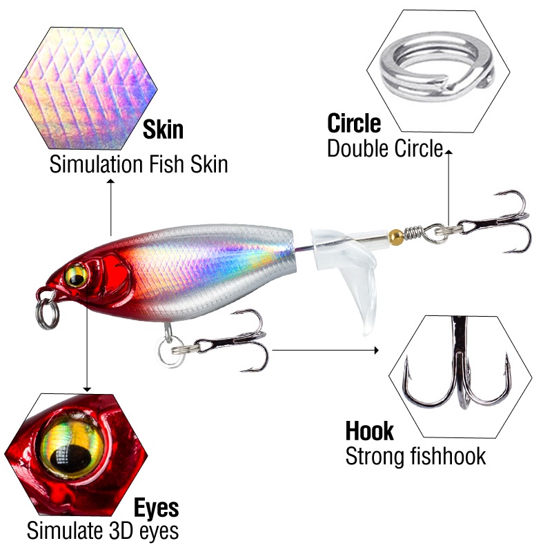 5warna Umpan Pancing Topwater 1PCS 7.5/9.5cm Plastik Berputar Ekor Ikan Kecil Pintail Bass Lures 3D Mata Whopper Plopper Dengan 2kait Treble Aksesoris Memancing