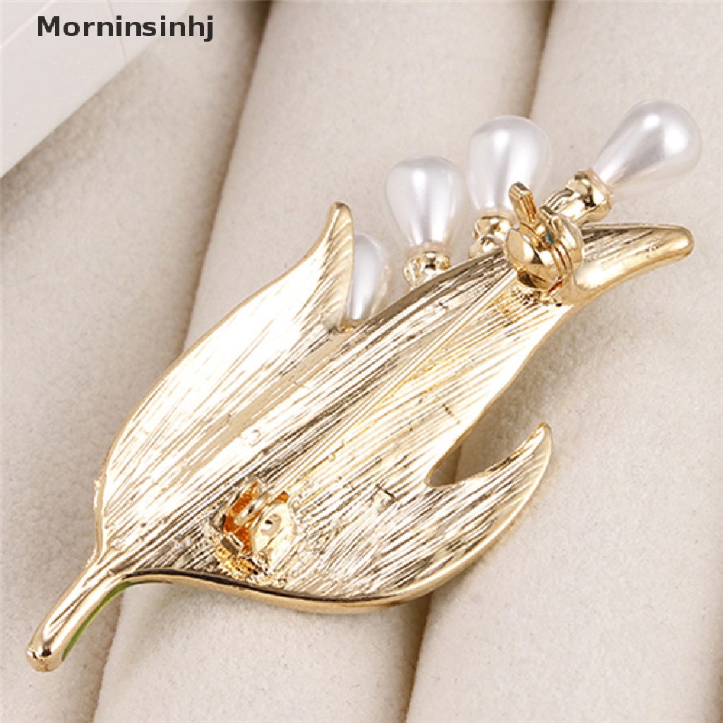 Mornin Enamel Mutiara Daun Bros Berlian Imitasi Kristal Bros Pin Lady Kerah Perhiasan Baru id