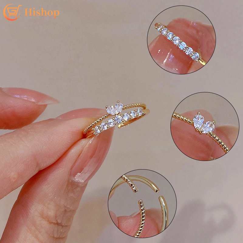 2pcs / Set Cincin Zircon Bentuk Hati Warna Emas Untuk Wanita