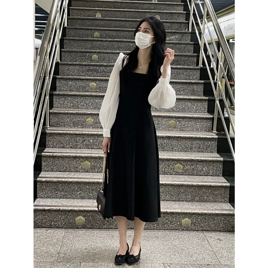 Midi Hitam Dress Korean Style Casual Dress Lengan Panjang Vintage Mesh Stitched Long Sleeved Dress