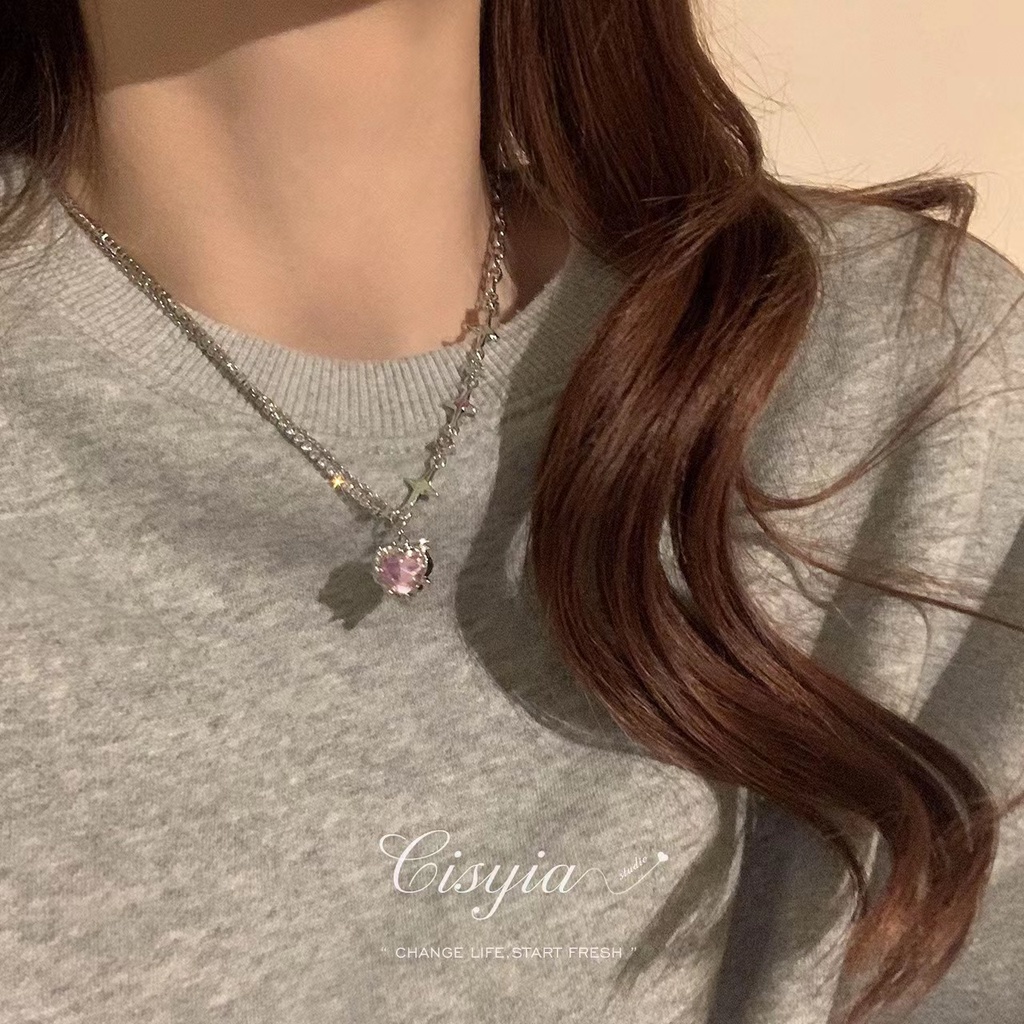 IFYOU Gradual Pink Kalung Permata Hitam Hati Bintang Liontin Perak Rantai Choker Untuk Aksesoris Perhiasan Wanita