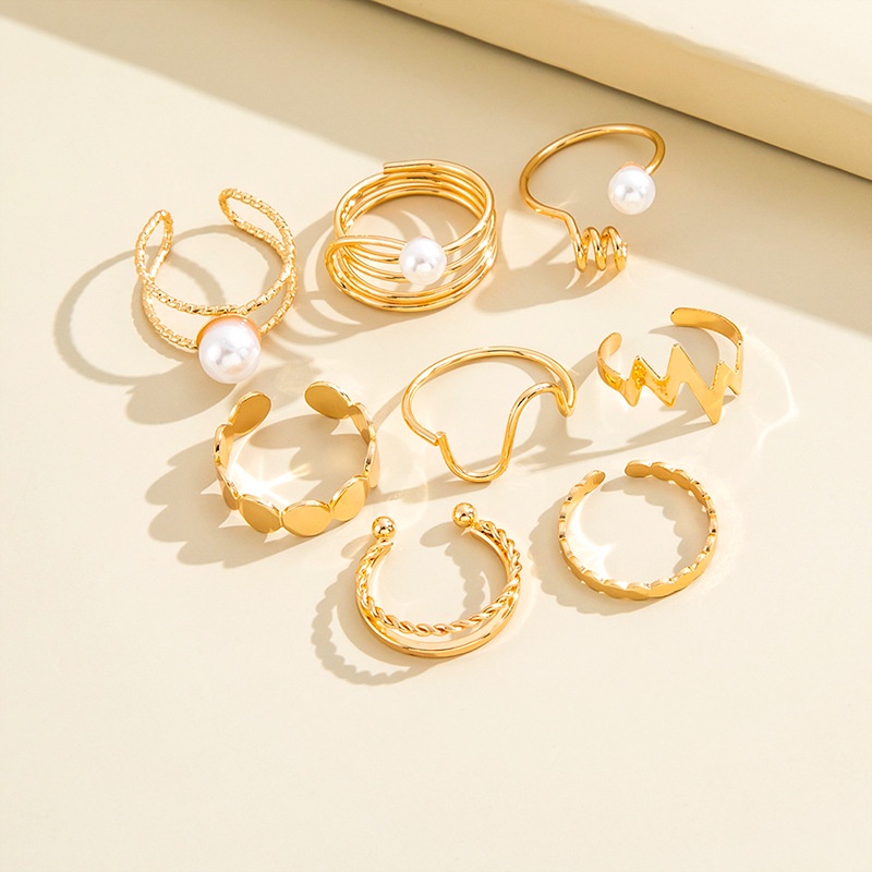 Fashion Eropa Dan Amerika Retro Imitasi Cincin Mutiara Geometris Prototype Halus Petir Pearl Ring 8-piece Set
