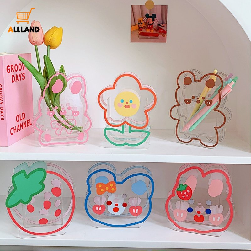 Kawaii Kartun Akrilik Tempat Pulpen/Transparan Motif Bunny Bear Bunga Brushes Makeup Kotak Penyimpanan Desktop Organizer