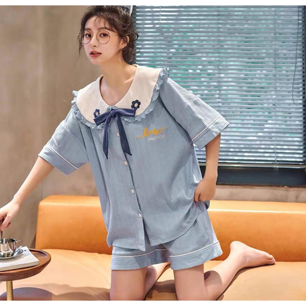 KAWAI BAJU TIDUR SETELAN PIYAMA HOTPANT HP KANCING SIZE M - XXL LUCU IMPORT