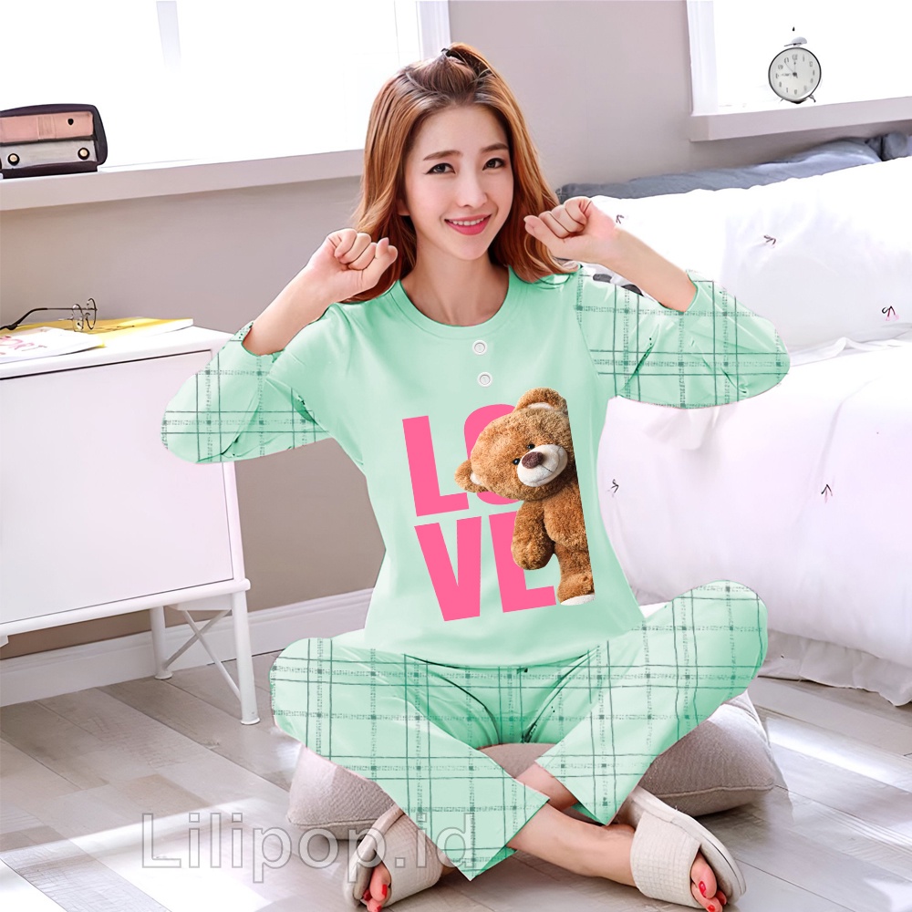 Lilipop.id  Baju Tidur Wanita Love tedy Bear Celana Panjang PP Allsize Lengan Panjang Baby Doll Bahan Kaos Dewasa