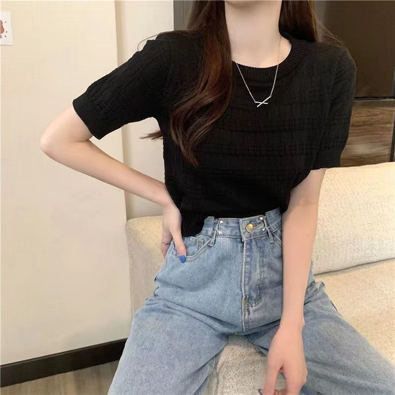 Knit Crop Top Lengan Pendek Wanita Baju Salur Outfit Korea