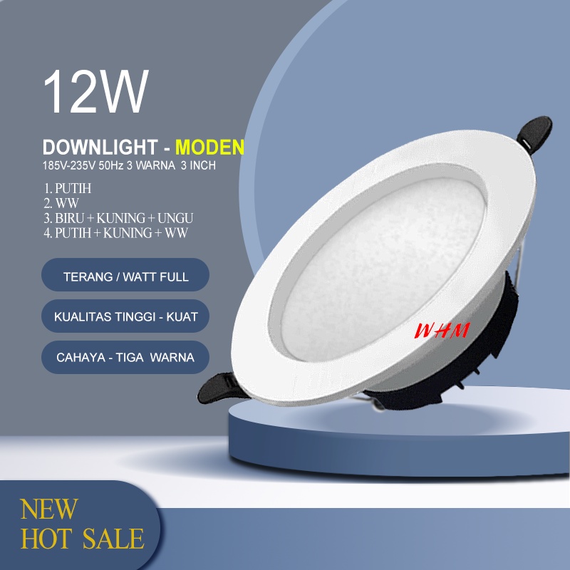 WHM 12W LAMPU DOWNLIGHT LED PLAFON ASLI FULL TERANG/PUTIH/WARM WHITE/PUTIH+KUNING+WW/BIRU+KUNING+UNGU