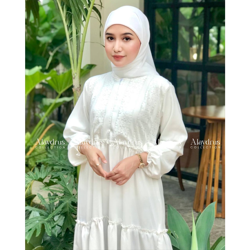 Abaya Gamis Putih Dress Maxi Arab Saudi Bahan Wolfis Premium Kombinasi Brukat Dada By AlaydrusCollection