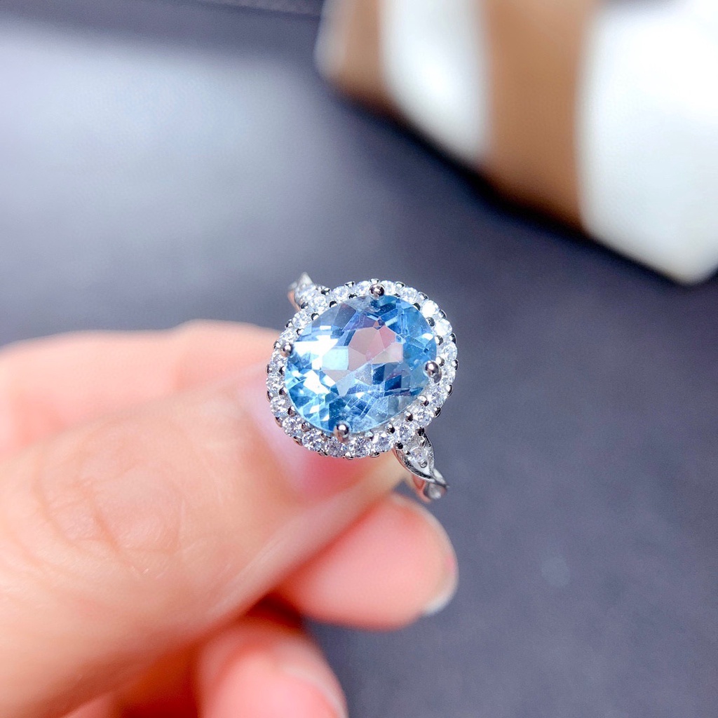 Goldkingdom Aksesoris Perhiasan Fashion Ready Stock Cincin Topaz Biru Langit Alami Super Flash Berlian Karbon Tinggi Berbentuk Telur Cincin Perempuan