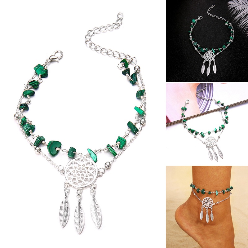 Wanita Pantai Kaki Rantai Gelang Kaki Liontin Gelang Kaki Wanita Multilayer Penangkap Mimpi Faux Turquoise Beaded Foot Chain Anklet Bracelet