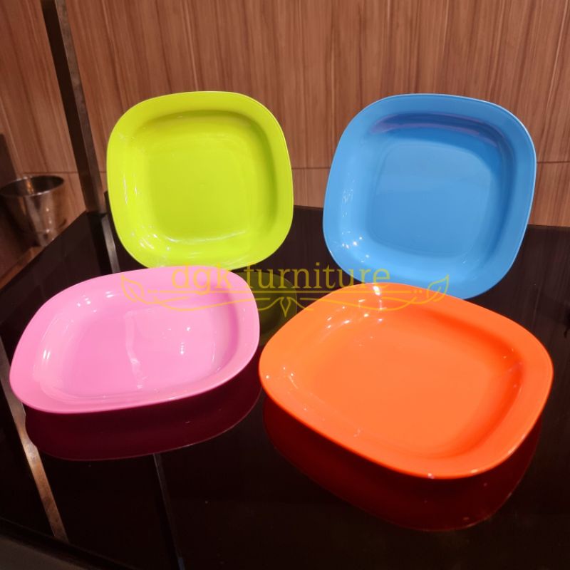 Piring Makan SEGI EMPAT SEGI 4 Plastik No 8 Inch Inci Diameter 20 cm PINK ORANGE HIJAU BIRU WARNA PASTEL FOOD GRADE