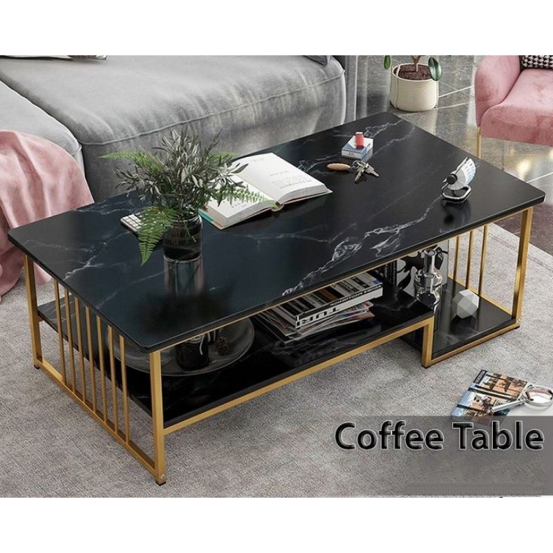 MEJA KOPI / MEJA TAMU TOP MARMER HITAM NERO MARQUINA KAKI BESI