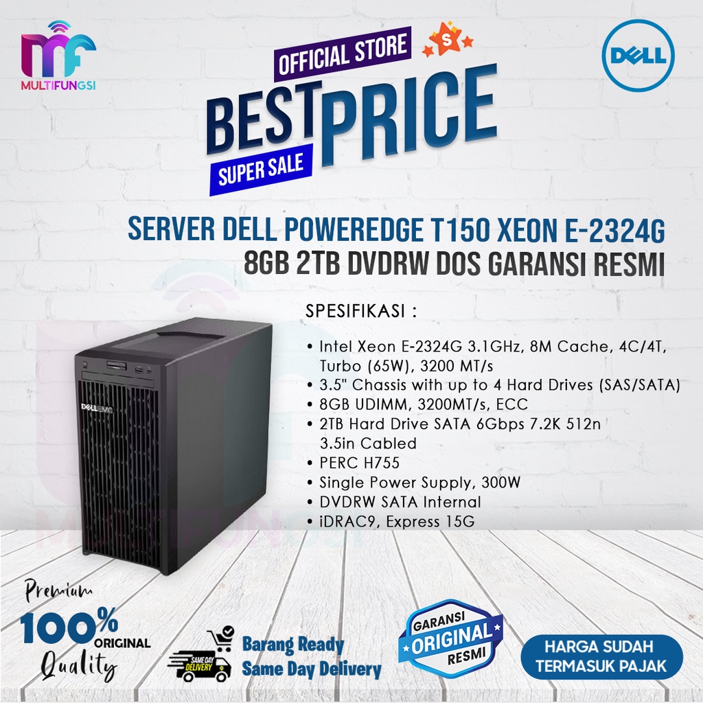 SERVER Dell PowerEdge T150 Xeon E-2324G 8GB 2TB DVDRW DOS Garansi Resmi