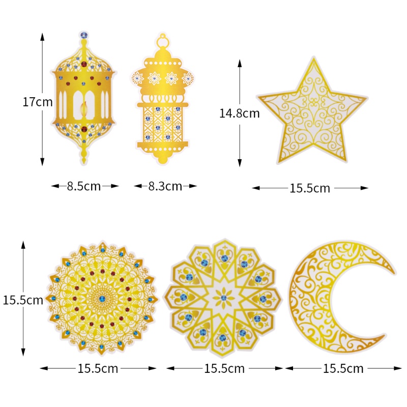 6 Pcs / Set Classic Ramadan Star Moon Shape Spiral Banner Pendant / Exquisite Eid Mubarak Series Pattern Cardboard Decor / Muslim Festive Hanging Ornament