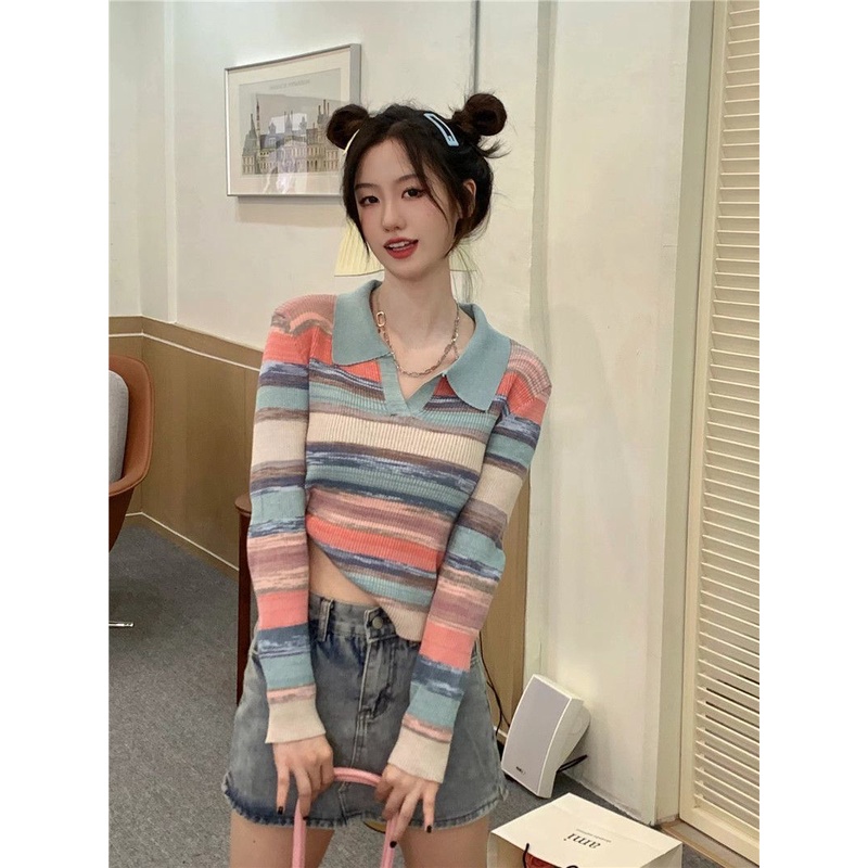 YIU YIU Rajut - Korean Crop Top Lengan Panjang Causal Style Stripe Top V-neck Baju Inner Rajut