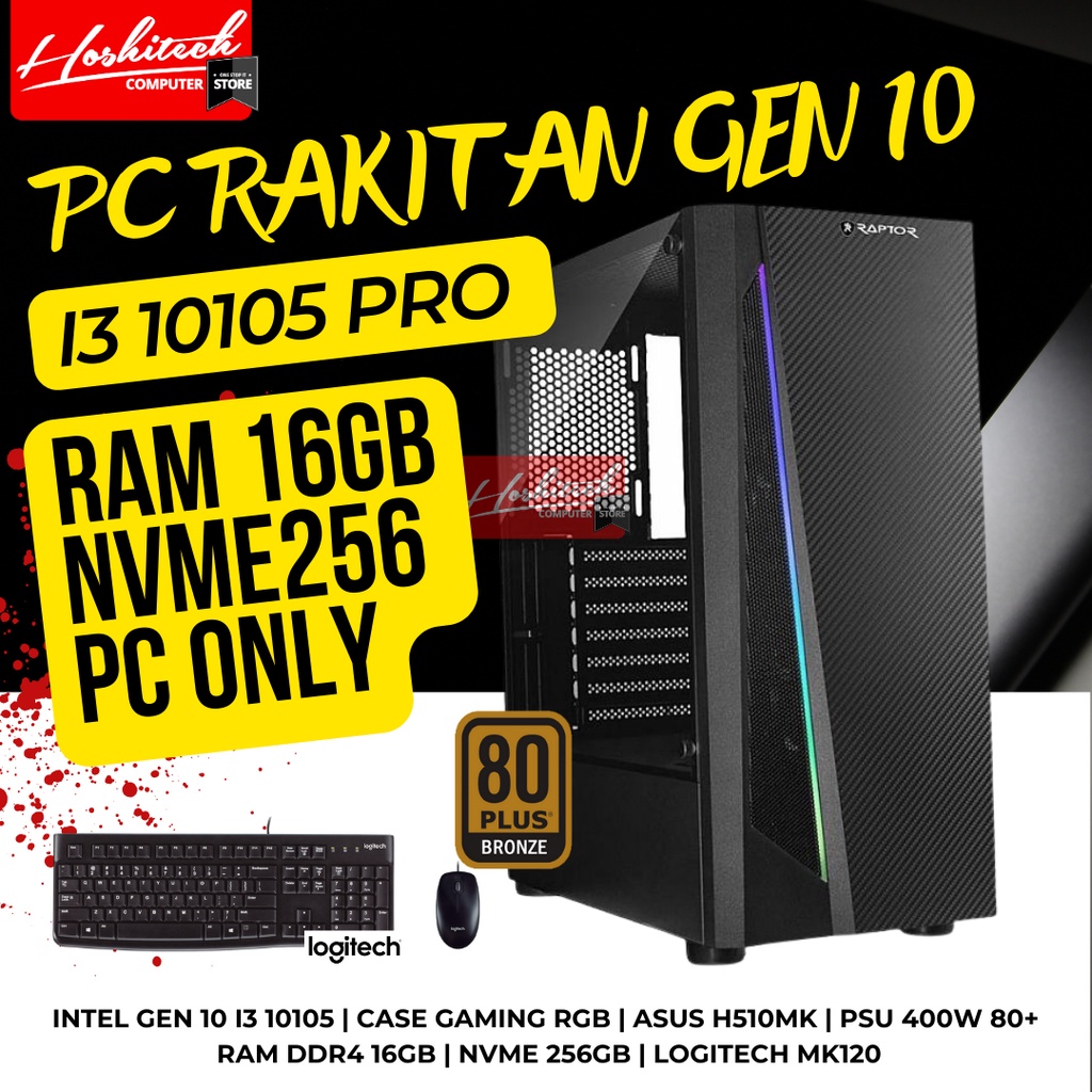 PC RAKITAN GAMING EDITING i3 10105 RAM 16GB NVME 256GB MONITOR