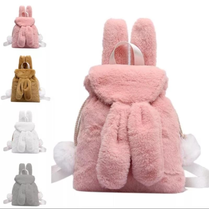 Tas Ransel Wanita Pikaboy Tas Ransel Boneka Pompon Rabbit Bulu FurBauty Tas Ransel Backpack Perempuan Gemoy Lucu