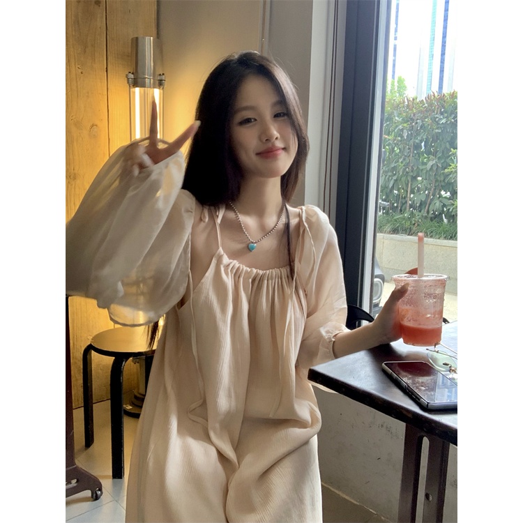 Red kumikumi fashion setelan perempuan suspender angin lembut gaun musim semi bagian tipis tabir surya selendang cardigan dua potong set