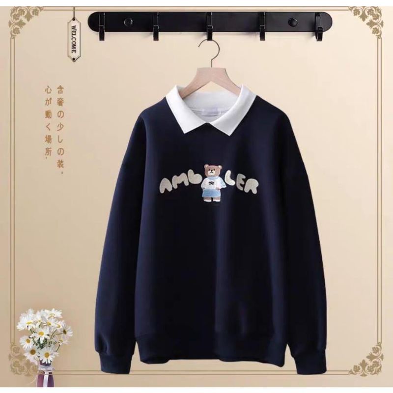 ALUS - Sweater Collar Gril Ambler Bear Sweatshirt Kerah Bahan Fleece On Size Fit To L Abu