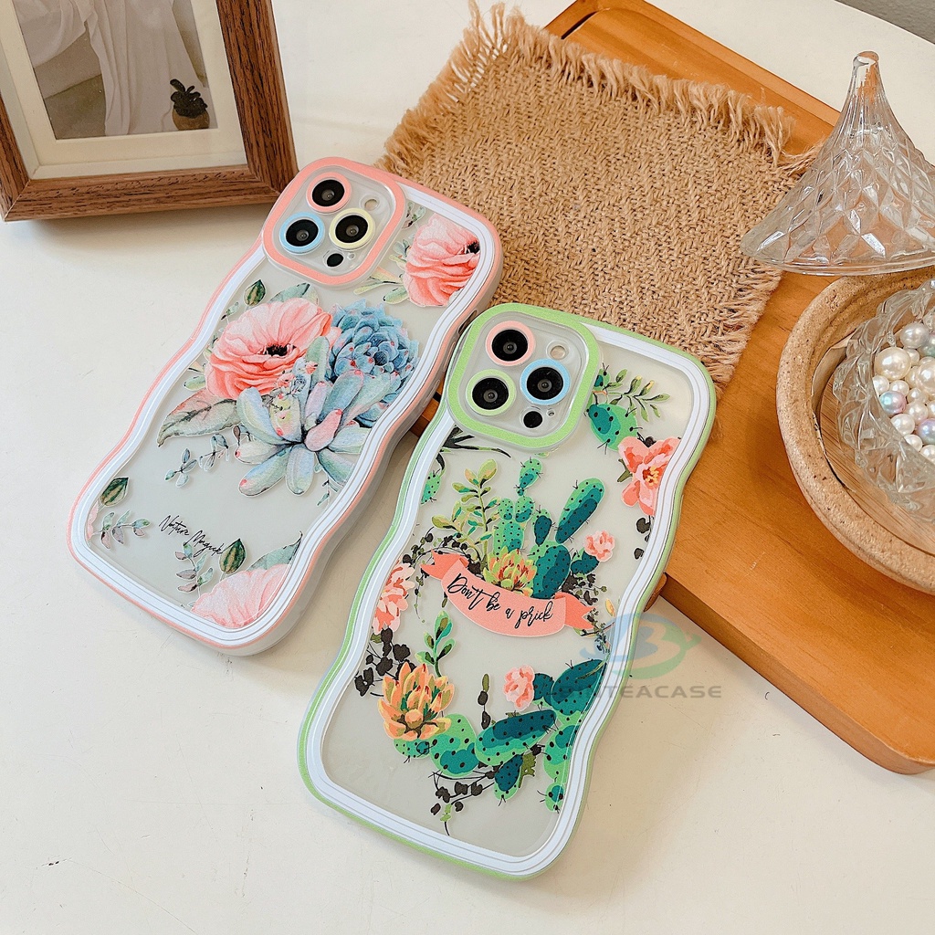 Realme 10 C30 C31 C33 C35 C21Y C25Y RealmeC11 2021 C15 C25 C17 C12 C3 C2 Realme 8i 7i 5 5i 6i 7 Pro Bunga Dan Kaktus Tepi Melengkung TPU Phone Case Binteacase