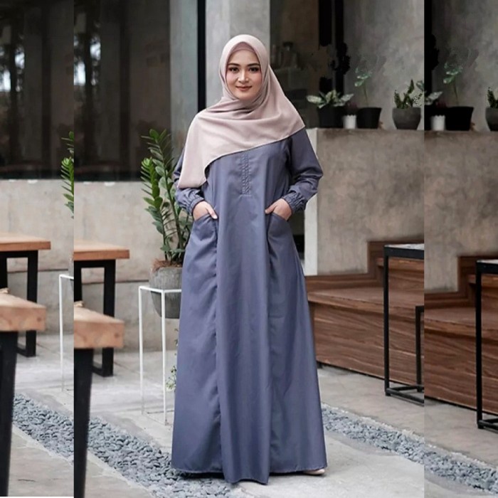 Gamis Dewasa Polos Dress Mikaila Bahan Katun Toyobo Premium Abu Tua