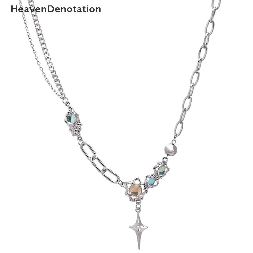 [HeavenDenotation] Kristal Bintang Miscanthus Moonstone Pendant Kalung Untuk Wanita Rantai Klavikula Geometris Tidak Teratur Vintage Cross Choker Perhiasan Aksesoris HDV