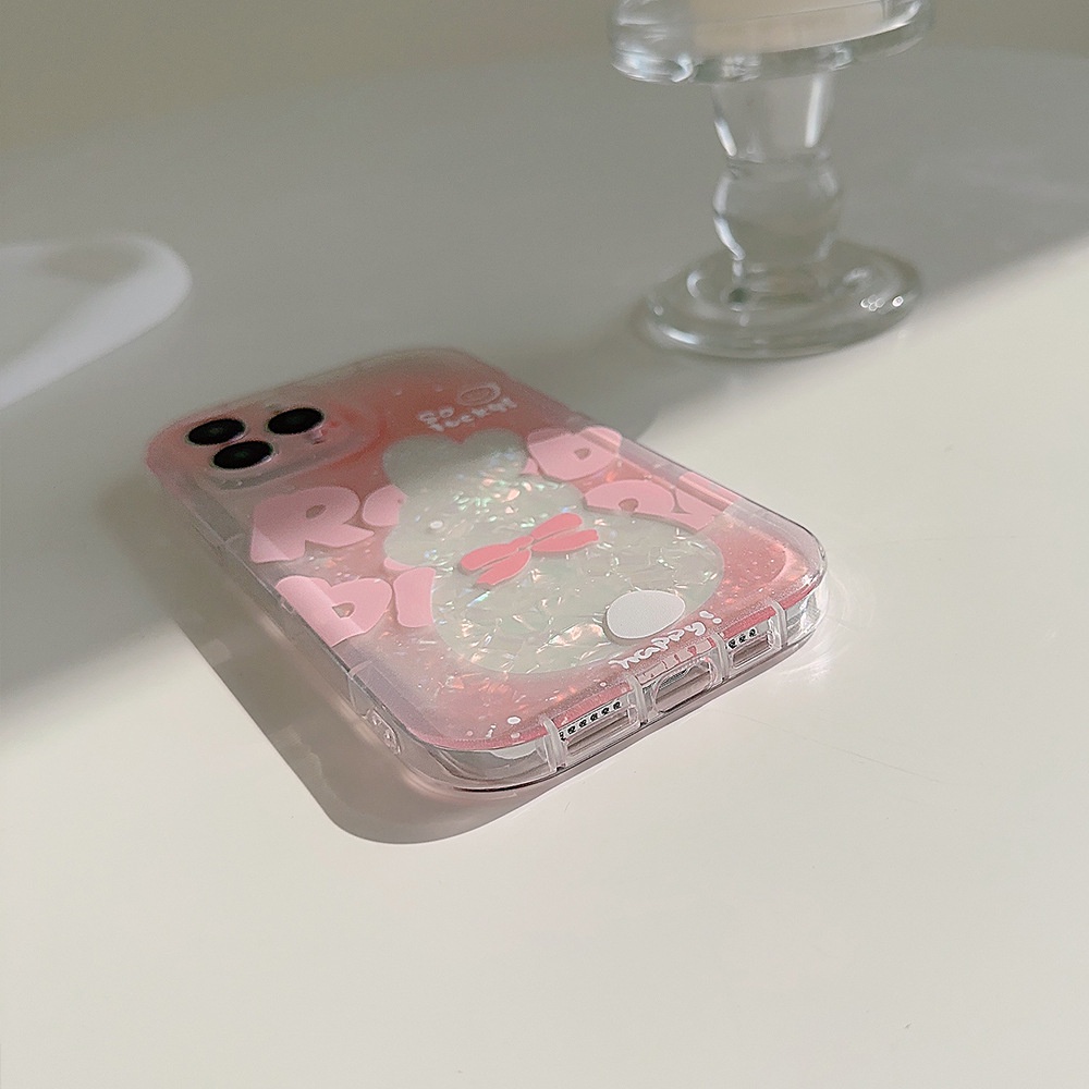IPHONE Ins Lucu Pink Garis Burik Kelinci Kartun Silikon Case Dengan Kartu Laser Untuk Iphone14 11 12 13 PRO MAX Casing Cover Pelindung AT0054