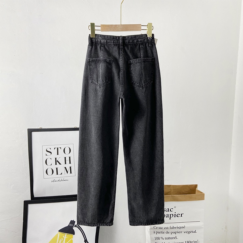 Kelabu hitam celana jeans high waist loose celana jeans wanita kekinian kulot (Pinggang bisa penyesuaian)