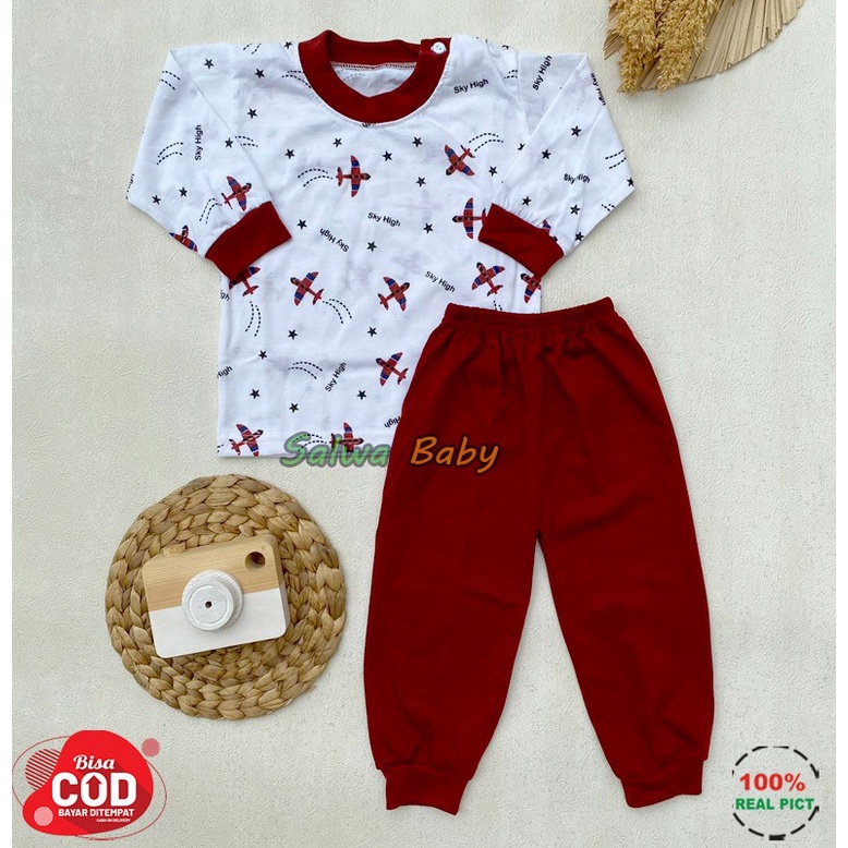 Setelan Baju Bayi Piyama Bayi Lengan Panjang Kancing Pundak Motif Airplane Usia 3-12 Bulan Anababy