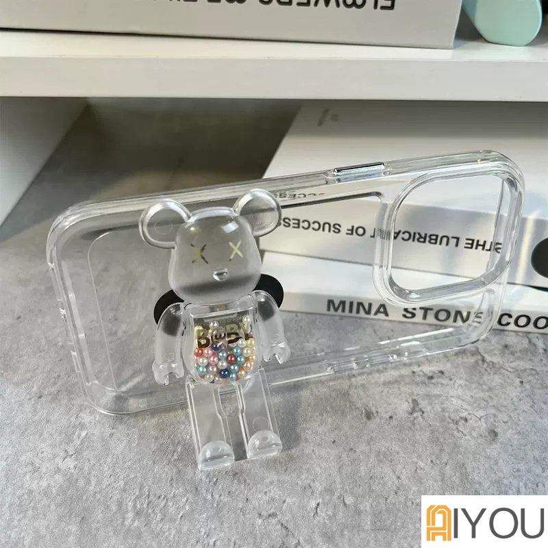 IPHONE Clear Violent Bear Holder Dengan shell Luar Angkasa Bening Mewah Casing Ponsel Untuk Iphone11 12 13 14 Pro Max X Xs XR 7 8 Plus SE 2 3 10 Penutup Bumper Transparan Kristal