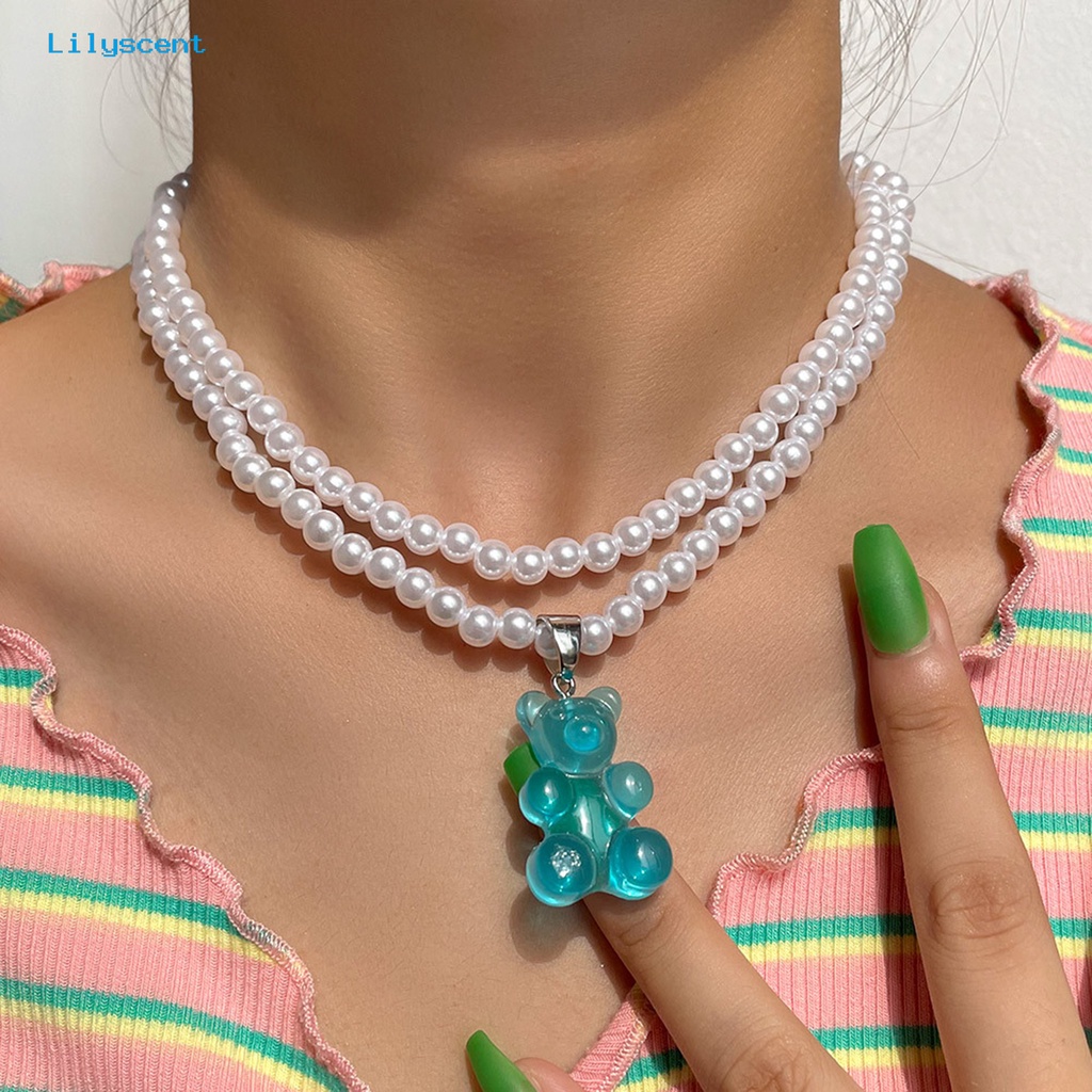 [LS] Liontin Kalung Double Layer Mutiara Imitasi Transparan High Gloss Finishing Terang Leher Dekorasi Aksesori Kreatif Permen Beruang Liontin Manik-Manik Kalung Untuk Pakaian Sehari-Hari