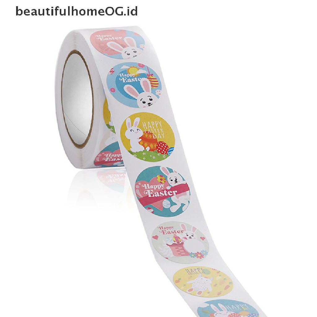 // Beautifulhomeog.id// 500pcs/roll Stiker Happy Easter Kelinci Lucu Sealing Sticker Decor Tag **