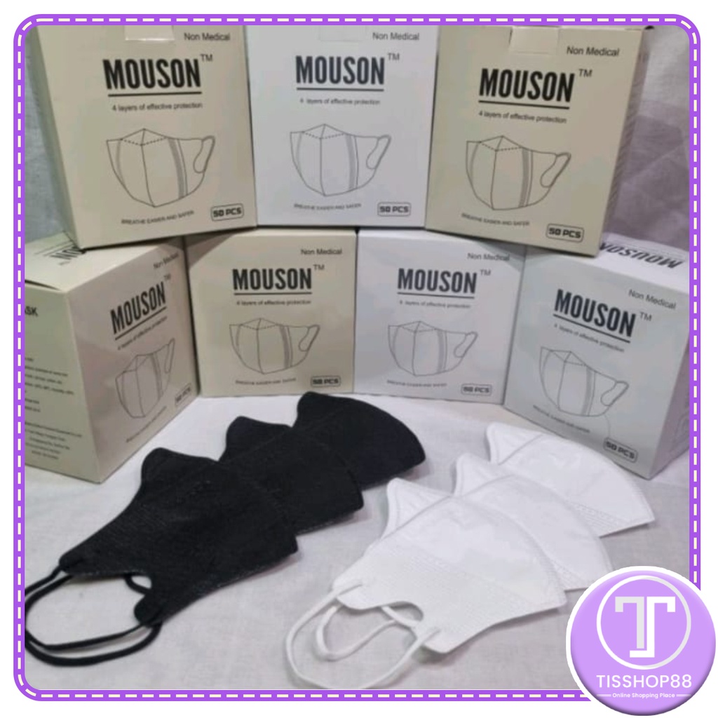 MASKER DUCKBILL MOUSON 4 PLY GARIS (50 PCS) TEBAL EMBOSS MOUSON READY HITAM DAN PUTIH