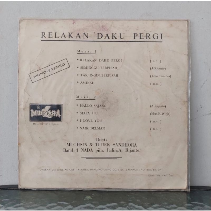 vinyl piringan hitam 10&quot; Titiek Sandhora&amp;Muchsin-Relakan Daku Pergi