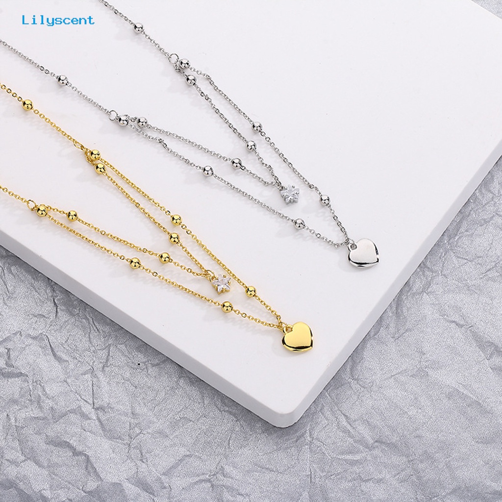 [LS] Kalung Wanita Gaya Korea Dan Jepang Fashion Aksesoris Hadiah Anniversary Manis Double-Layered Star Love Heart Rhinestone Necklace Untuk Pacaran