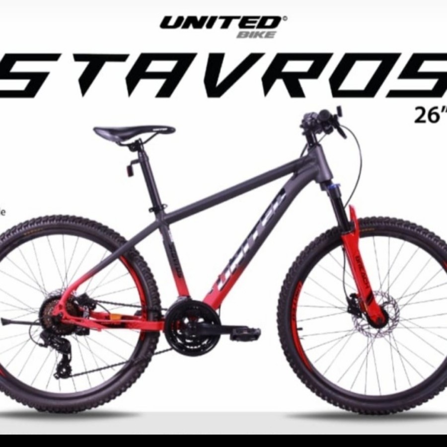 Sepeda MTB 26 Inch United Stavros New Alloy Shimano - Grey Merah, Rem hidrolik