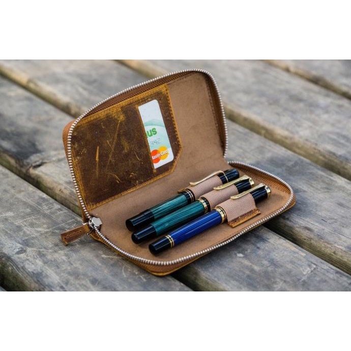 GALEN LEATHER Leather Zippered 3 Slots Pen Case