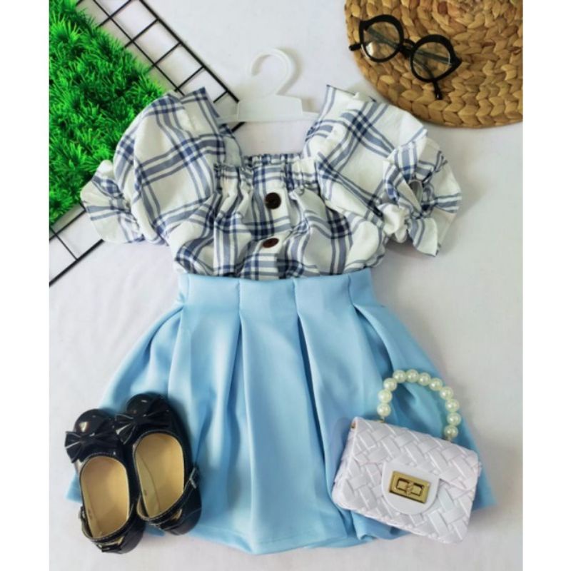 Setelan Baju Ifana Sabrina Kids Korean Style / One Set Blouse Top Anak Perempuan Lengan Balon 2-4 Tahun