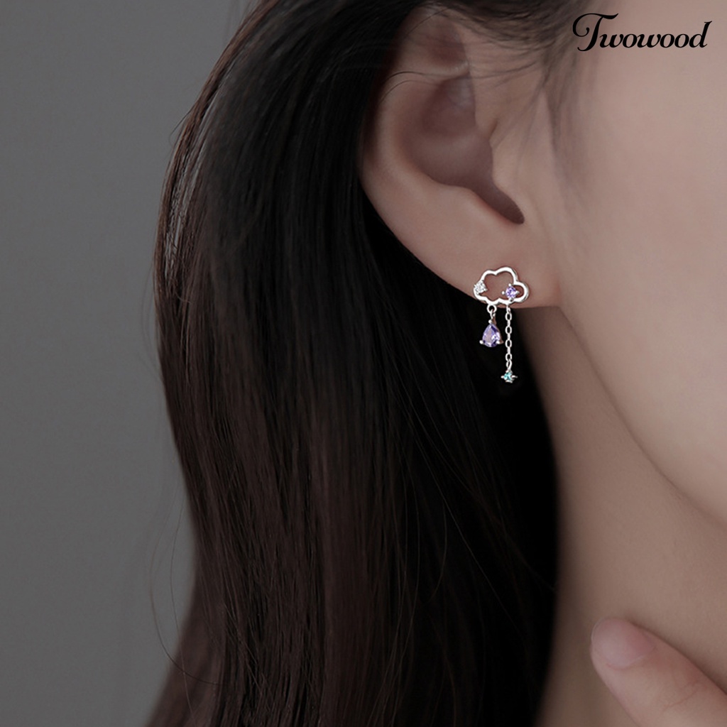 Twowood 1pasang Ear Studs Desain Simple Berkilau Semua Cocok Bebas Alergi Efek Visual Mengkilap Hias Alloy Fashion Lucu Asimetris Awan Stud Earrings Untuk Anak Perempuan