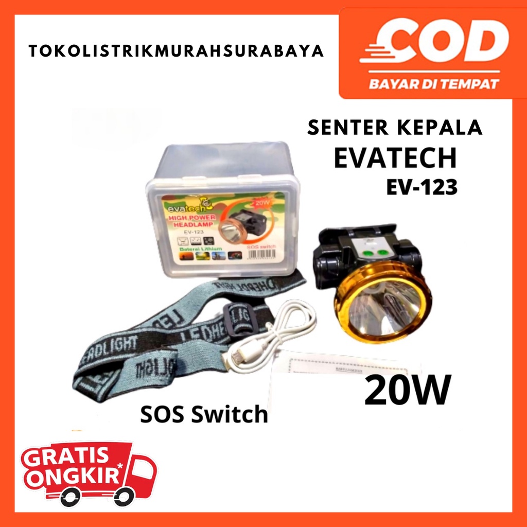 SENTER KEPALA HEADLAMP HEADLIGHT EVATECH EV-123/EV 122 20WATT BISA CHARGE TERANG BATERAI LITHIUM BODY HALUS HEADLAMP CAHAYA