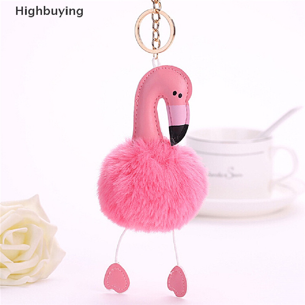 Hbid Gantungan Kunci Flamingo Fluffy Faux Rabbit Fur Ball Key Chain Wanita Gantungan Kunci Tas Mobil Glory