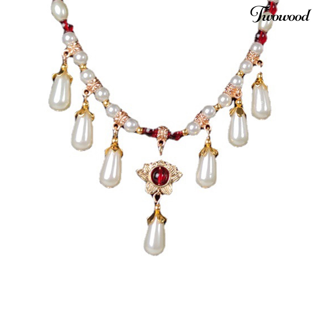 Twowood Hias Berlian Imitasi Teardrop Liontin Adjustable Vintage Kalung Wanita Mutiara Imitasi Cheongsam Necklace Perhiasan Aksesoris