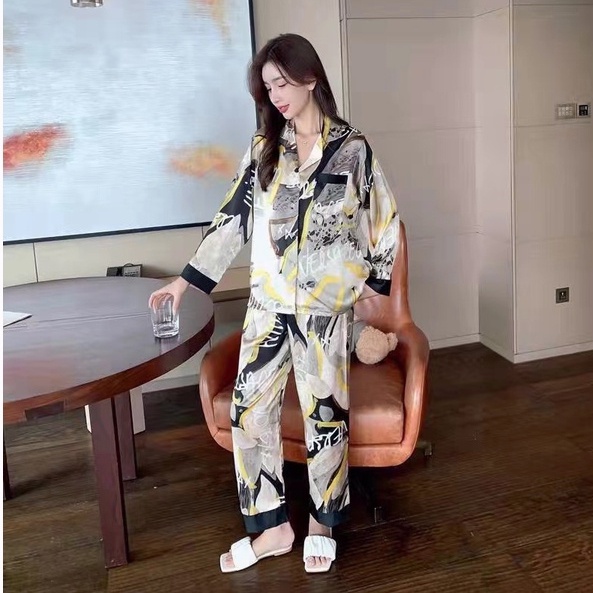 2023 Simulasi Baru Piyama/Ladies Ice Silk Long -sleeved Suit Temperamen Home Service