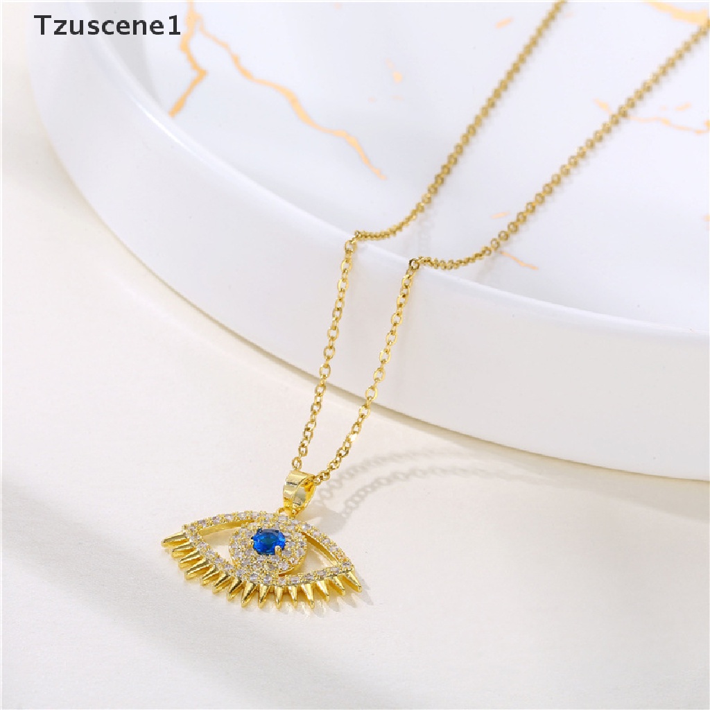 [Tzuscene1] Evil Eye Charm Pendant Lapis Emas Asli 18K Cubic Zirconia Perhiasan Kalung Butik