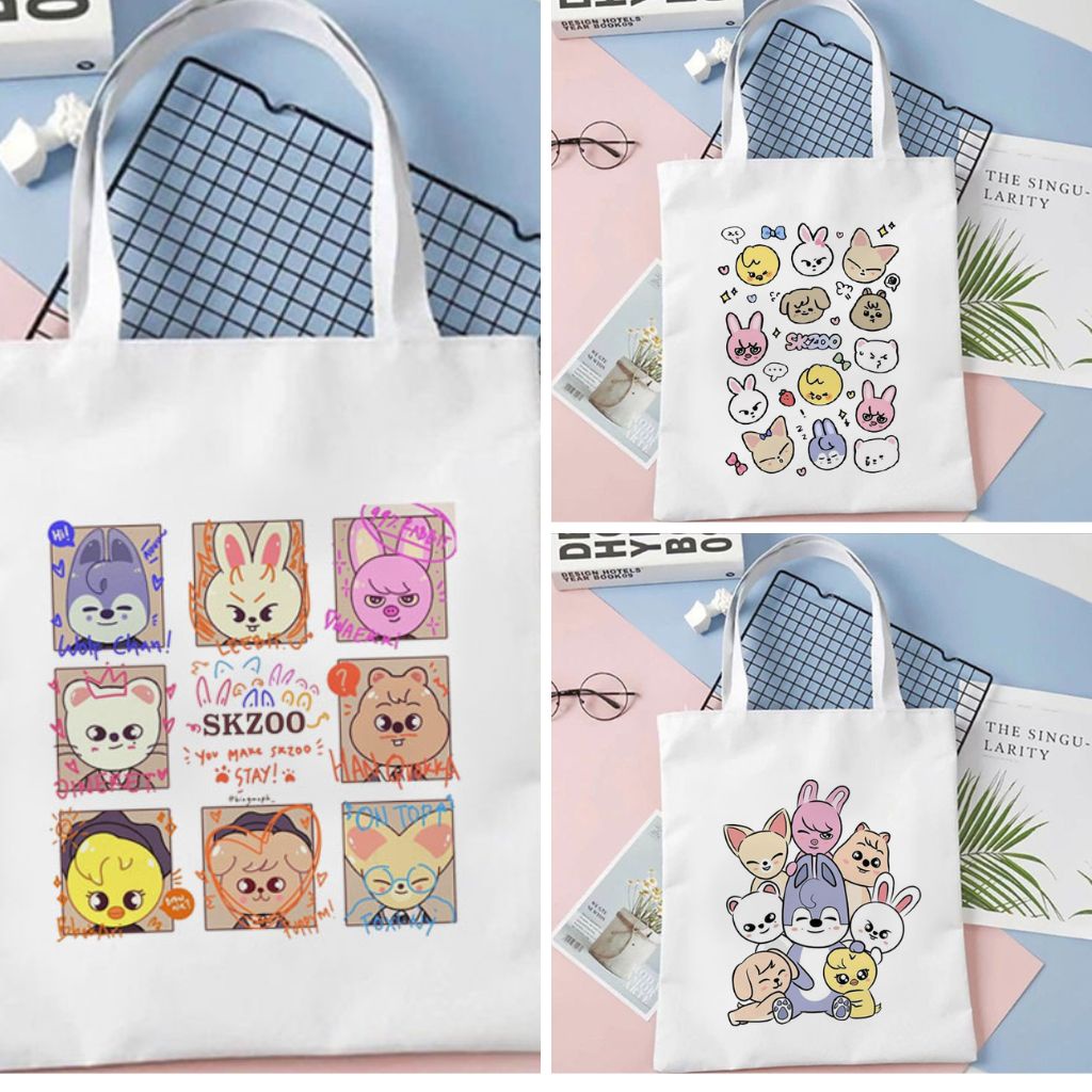 Tote Bag Tas Serut Skzoo Chibi Stray Kids Lucu String Bag Kanvas Wanita Kpop Korea Tas Gendong Aesthetic