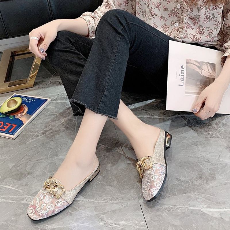 DDS23547 Sepatu Slop Wanita Fashion Import Sandal Mules Retro Chain Beryl Slip On Bisa COD (With Box)