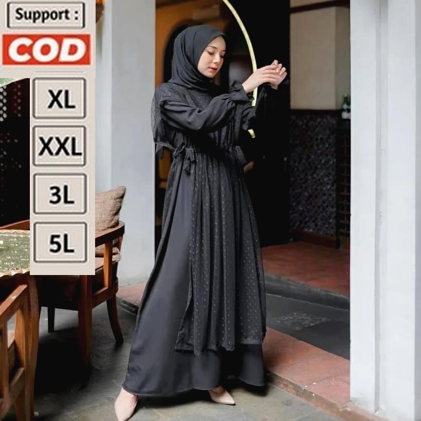 Dress Gamis Hari Raya / Lebaran Warna Hitam Jumbo Simpel Kasual 2XL 3XL 4Xl XXL XXXL LD 120 130 140 