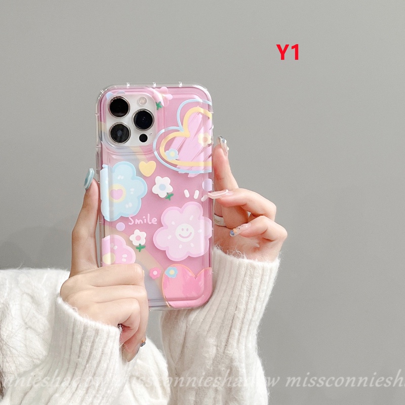 IPHONE Ins Korea Shockproof Airbag Case Kompatibel Untuk Iphone11 14 13 12 Pro Max7 8 6 6S Plus XR X XS MAX Senyum Lucu Segar Cat Air Bunga Awan Cinta Hati Lembut TPU Penutup Belakang