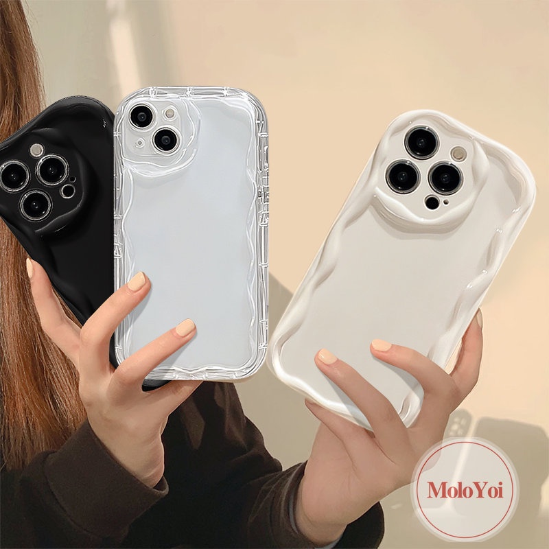 Casing Ponsel GlossyCushion Halus Kompatibel Untuk iPhone 7plus XR 11 12 13 14 Pro MAX X XS MAX 7 8 Plus SE 2020 Fashion Bingkai Gelombang Cat Air Sederhana Tepi Bergelombang Casing Lembut Tahan Guncangan